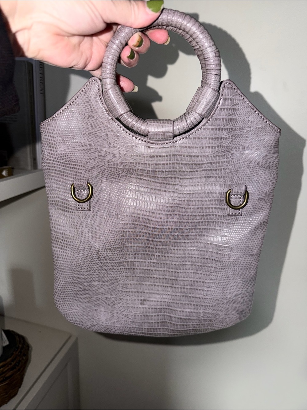 Anthropologie NWT Gray Lizard Embossed Ring Handle Crossbody Tote Bag